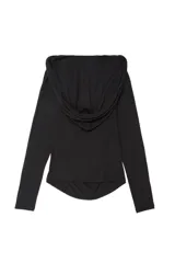 Top de manga larga color negro, con escote drapeado y detalle de tiras finas para anudar en el cuello. Confeccionado en tejido elástico y suave.