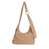 Bolso de hombro tipo hobo color beige, confeccionado en nylon arrugado, con bolsillo externo frontal y correa ajustable con argolla decorativa.