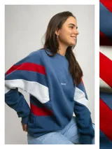Buzo de algodón de corte premium con diseño de bloques de color en las mangas, cuello redondo y logo bordado en el pecho. Presenta costuras reforzadas y mangas anchas.