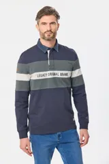 Remera polo de manga larga con cuello clásico de denim, diseño a rayas horizontales en azul marino, gris y blanco, y bordado con la leyenda "Legacy Original Brand".