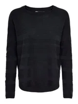 Sweater azul marino de punto con textura horizontal, cuello redondo y mangas largas.