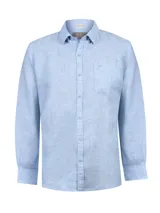 Camisa de lino manga larga color celeste, de corte clásico con cuello camisero, cierre frontal de botones y un bolsillo aplicado en el pecho.