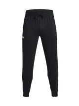 Pantalón jogger negro Under Armour Rival Fleece para hombre, con logo blanco en el muslo izquierdo. Confeccionado en tejido Fleece ligero, cómodo y suave por dentro. Cuenta con cintura elástica con cordón ajustable y puños acanalados.
