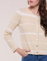 Cardigan de punto fino Elie Tahari con diseño a rayas horizontales en color negro y blanco, escote redondo, cierre frontal de botones y mangas largas.