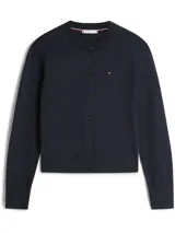 Cárdigan de punto Tommy Hilfiger color azul marino, con cuello redondo, cierre frontal de botones y logo de la marca bordado en el pecho.