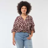 Blusa de manga larga con escote en V y diseño estampado de hojas en tonos bordó y beige.