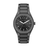 Reloj analógico Armani Exchange modelo Sync con caja y malla de acero inoxidable en color gris oscuro. Esfera negra con textura de líneas verticales, indicadores de hora plateados y ventana de fecha y día de la semana.