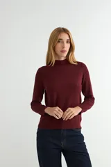 Polera de punto color beige, con cuello alto y mangas largas, de diseño básico y ajuste clásico.
