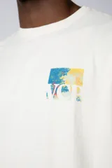 Remera de corte oversize color beige, confeccionada en algodón grueso. Presenta una estampa frontal pequeña con diseño artístico abstracto en tonos azules y amarillos.