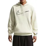 Canguro Nike con capucha y cordones ajustables, color beige. Presenta un diseño gráfico frontal con el logo de la marca bordado y detalle de textura, además de un pequeño logo en el puño de la manga izquierda. Cuenta con un bolsillo frontal tipo canguro.