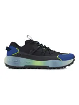 Championes Under Armour Fat Tire Venture Pro, diseñados para terrenos difíciles. Presentan una parte superior de tejido ripstop negro con refuerzos de gamuza en azul y detalles en verde neón. Cuentan con amortiguación reactiva UA HOVR y una suela de caucho con tacos de tracción profunda para un agarre superior.