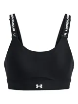 Top deportivo Under Armour Infinity High 2.0 negro de alta sujeción, con tirantes ajustables estampados con el logo de la marca y banda elástica inferior con el emblema. Incluye acolchado moldeado y panel de malla frontal.