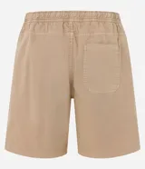 Bermuda masculina color gris claro, de sarga con efecto jaspeado, cintura elástica ajustable con cordón, bolsillos laterales y traseros, y etiqueta en la barra.