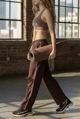 Pantalón deportivo de corte recto y holgado, confeccionado en algodón color marrón chocolate. Presenta una cintura elástica con cordón ajustable y una franja lateral decorativa en tono más claro.