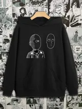 Canguro negro con capucha y bolsillo delantero, con estampado de Saitama de One Punch Man.