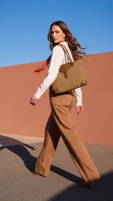 Cartera tipo tote bag color marrón con detalles en cuero sintético tostado, solapa frontal con tira decorativa, doble asa de mano y refuerzos en las esquinas inferiores.