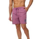Short de baño Rusty de color coral, con cintura elástica con cordón ajustable y un pequeño parche estampado en la pierna izquierda.