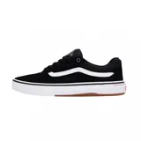 Championes Vans modelo Walker Wafflecup, de diseño urbano y estilo skate. Presentan una capellada de gamuza y tela en color negro, con la icónica banda lateral blanca, suela de goma blanca con detalle de línea roja y base de caucho natural.