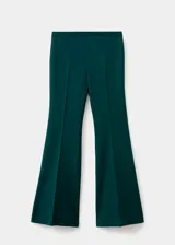 Pantalón flare verde oscuro de tiro alto, confeccionado en mezcla de lana con cintura elástica y forro interior.