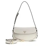 Cartera tipo bandolera Guess modelo Danya, color blanco, con diseño compacto y estructura redondeada. Presenta solapa frontal con logo triangular metálico y correa ajustable extraíble.