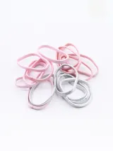 Pack de 15 gomitas de pelo elásticas, con textura brillante, en colores rosa y plateado.