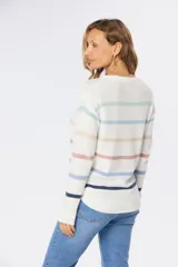 Suéter de tejido fino color azul marino con rayas horizontales en tonos pastel (rosa pálido, blanco y celeste/lila). Presenta cuello redondo y mangas largas.