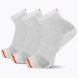 Pack de tres pares de medias blancas tipo tobilleras, con talón y puntera acolchados en color gris, y detalle de costura naranja en la puntera y el puño.