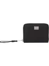 Billetera negra con cierre de cremallera y logo Tommy Jeans en el frente.