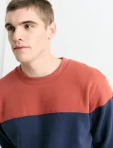 Sweater de tejido circular con diseño color block, combinando una franja superior en color verde y el resto de la prenda en gris oscuro. Presenta cuello redondo y puños en tejido canalé.