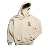 Canguro gris con capucha y bolsillo frontal tipo canguro. Presenta un pequeño estampado en el pecho que muestra un carpincho sosteniendo una tabla de surf.