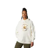 Canguro blanco hueso de felpa con capucha ajustable, puños y dobladillo acanalados, ajuste oversized y parche Chuck Taylor metálico dorado en el frente.