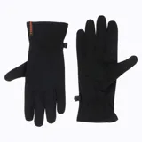 Guantes de microfleece color negro, diseñados para actividades al aire libre. Presentan un diseño minimalista con el logo de la marca en color naranja en el puño y un broche de seguridad para mantenerlos unidos.