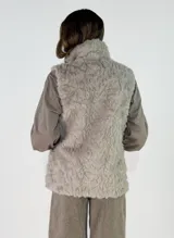 Chaleco de piel sintética en color negro, con cuello alto y diseño sin mangas. Presenta una textura suave y voluminosa, ideal para climas fríos.
