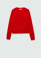 Buzo de tejido de punto fino en color rojo, con cuello en pico, manga larga y terminaciones en canalé.