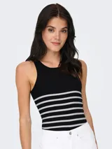 Top sin mangas de algodón orgánico, ajustado al cuerpo, con cuello redondo y patrón de rayas horizontales blancas y negras.