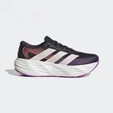 Championes de running Adidas Galaxy 8, de color violeta oscuro con las clásicas tres tiras en tono claro, detalles en rosado y entresuela gruesa de color blanco con suela violeta.