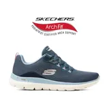 Championes deportivos Skechers modelo Arch Fit Summits, color azul marino con detalles en celeste y rosado. Presentan parte superior de malla técnica transpirable, sistema de soporte de arco certificado por podólogos y entresuela ligera con absorción de impactos.