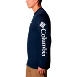 Buzo de cuello redondo marca Columbia, color azul marino, con logo de la marca estampado en el pecho y en la manga izquierda.