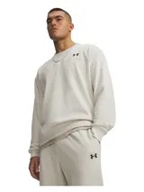Buzo Under Armour de felpa francesa ligera color beige, con cuello redondo, mangas largas con hombros caídos, puños y bajo acanalados, y logo bordado en el pecho.
