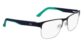 Anteojos de receta Lacoste con marco superior de metal azul marino y parte inferior al aire. Las patillas combinan el color azul marino con detalles en verde brillante y presentan el logo del cocodrilo característico de la marca.