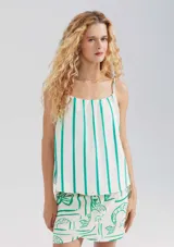 Blusa sin mangas a rayas verticales blancas y verdes, con tirantes finos.