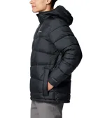 Campera puffer Columbia con capucha, color negro, con cierre frontal completo y bolsillos laterales con cremallera. Cuenta con tecnología Omni-HEAT de reflectividad térmica y aislamiento Thermarator.