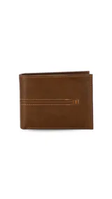 Billetera de cuero color marrón claro, con interior que incluye visor, tarjeteros y doble compartimento para billetes.