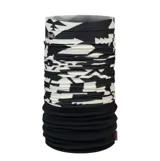 Cuello multifuncional Buff con diseño bicolor, una mitad estampada con motivos geométricos en blanco y negro y la otra mitad en color negro sólido. Fabricado con forro polar PrimaLoft Bio, ofrece aislamiento térmico, ligereza y elasticidad en cuatro direcciones.
