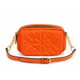 Bandolera acolchada de color naranja, con diseño capitoné en rombos, cierre superior y detalles de herrajes dorados. Incluye correa ajustable combinada de cuero sintético y cadena dorada.