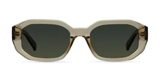 Lentes de sol con armazón geométrico color beige y lentes verdes polarizadas.