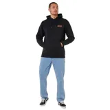 Canguro negro con capucha y cordones ajustables, bolsillo frontal tipo canguro y logo de la marca Rip Curl estampado en el pecho en tonos naranja y amarillo.