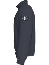 Campera azul marino con cierre frontal, cuello alto y logo de la marca en el pecho.