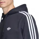 Canguro Adidas de color negro con capucha ajustable con cordón, bolsillo tipo canguro al frente, las clásicas tres tiras blancas en las mangas y el logo del trifolio bordado en el pecho.