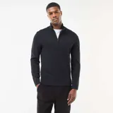 Sweater negro de punto grueso con cuello chimenea y cierre parcial con cremallera. Presenta hombros con costura marcada y puños y cintura acanalados.
